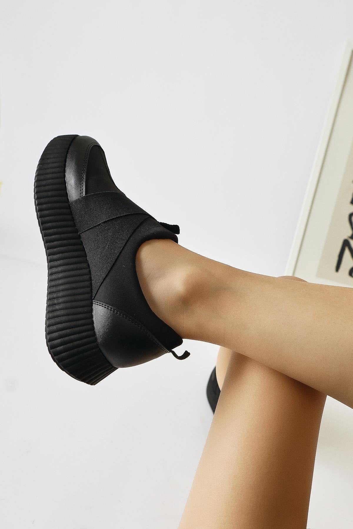 Hanah Black Scuba Fabric Detailed Cross Elastic Band Daily Shoe