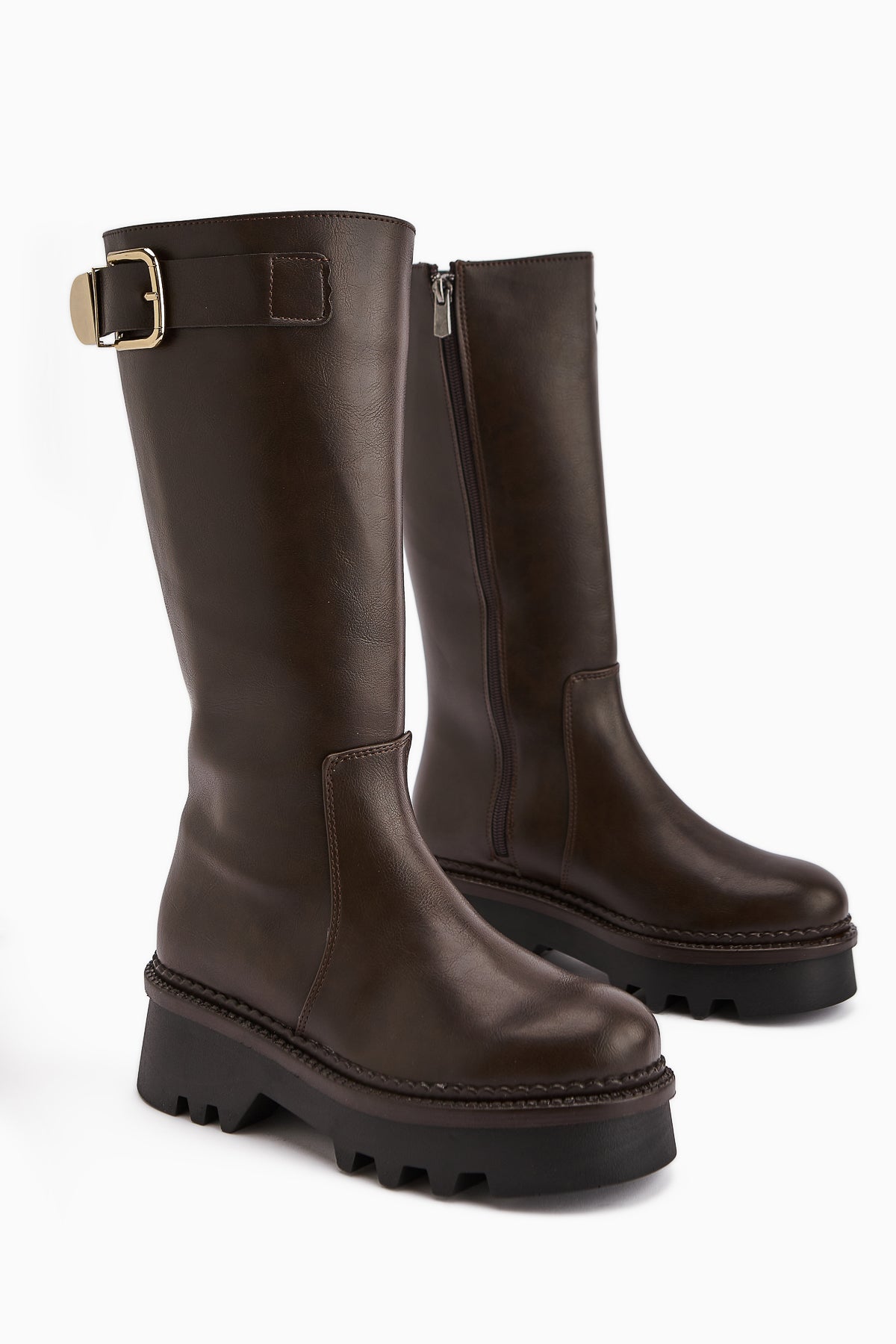 Hely – Brown Buckle-Detail Platform Knee-High Boot (Women)