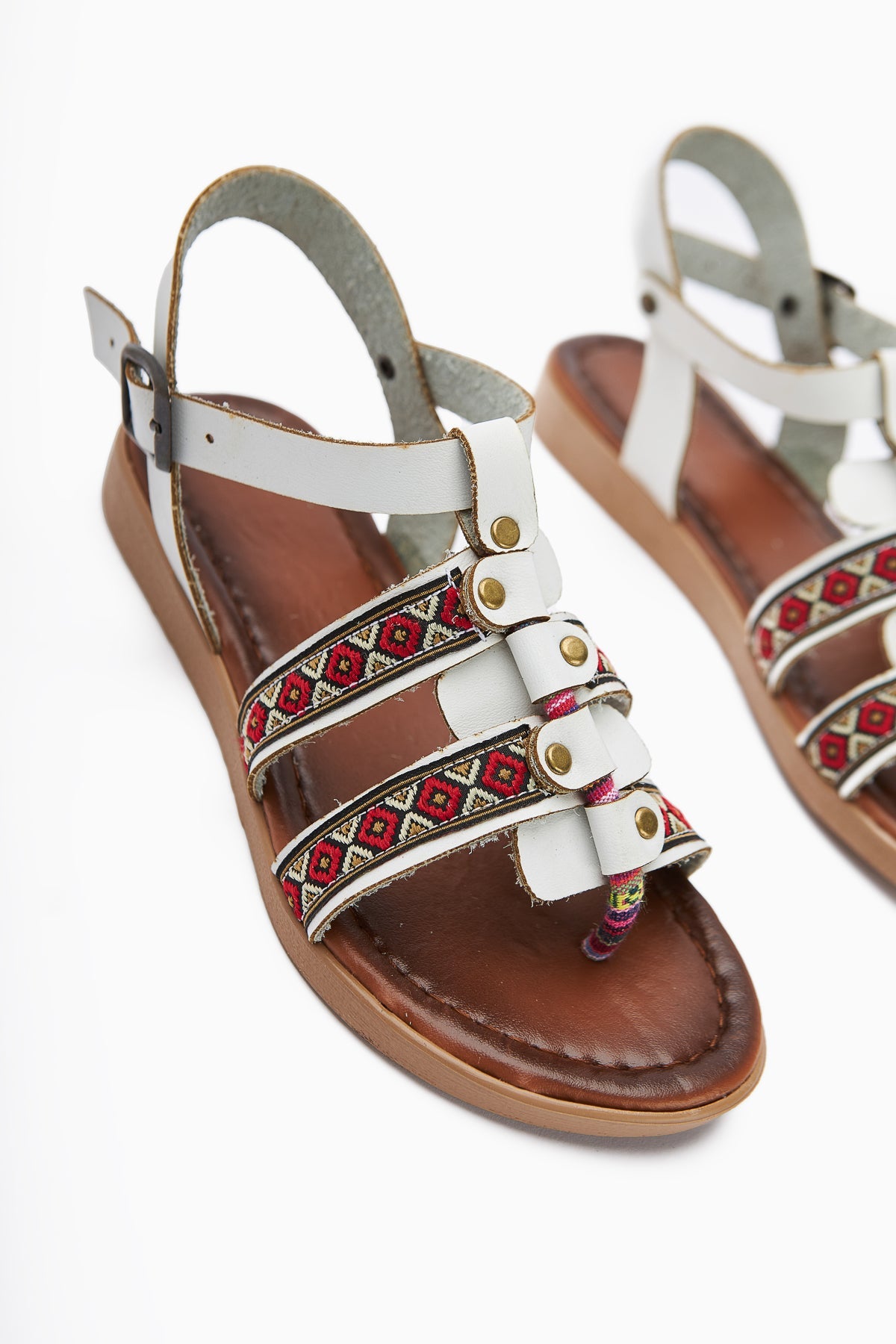 Heam White Ethnic Patterned Genuine Leather Sandals