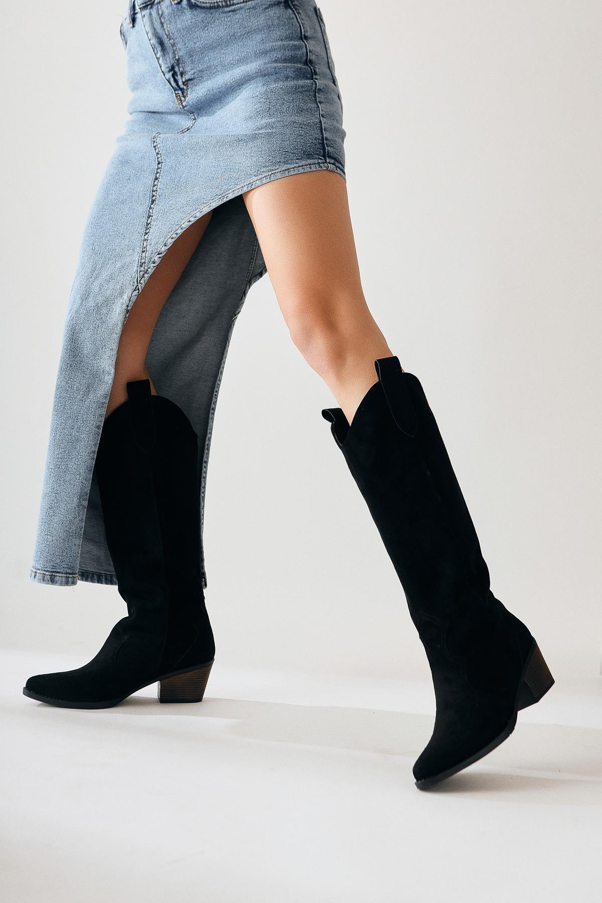 Lhena – Black Suede Western Pull-On Knee-High Boot (Women)