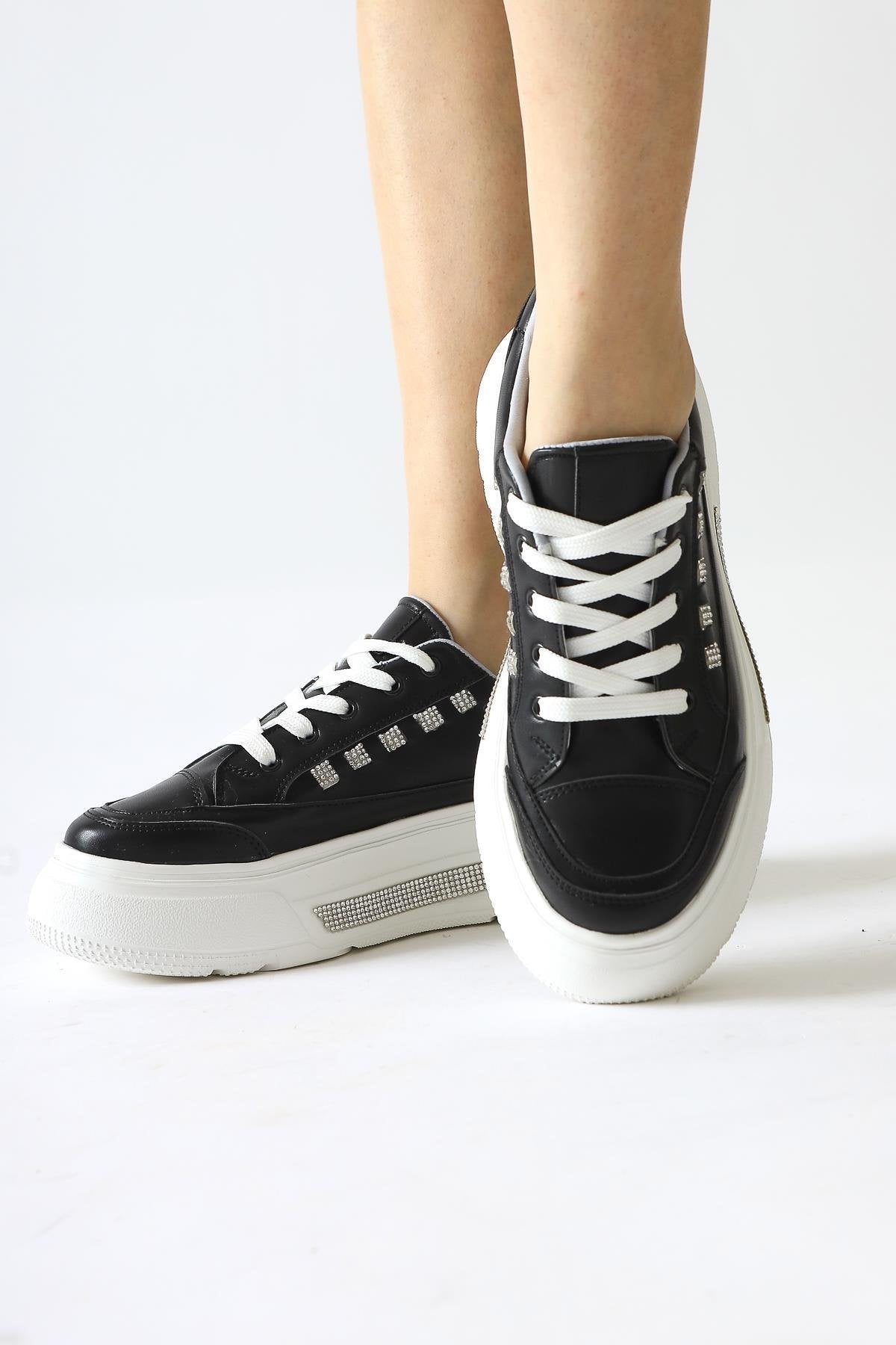 Tram Black Thick Sole Sneakers with Stone Detail and Laces