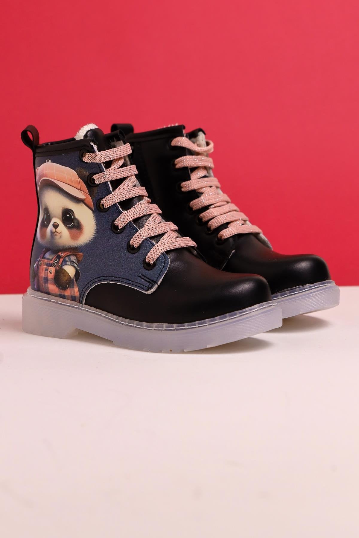 Liam Black Striped Character Print Lace-Up Kids' Boots