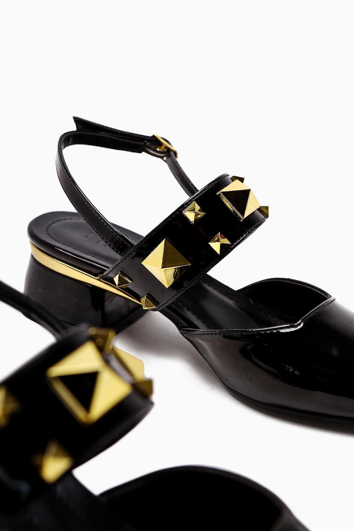 Nicoline Black Patent Pointed Toe Pyramid Studded Thick Strap Short Heeled Women’s Shoes