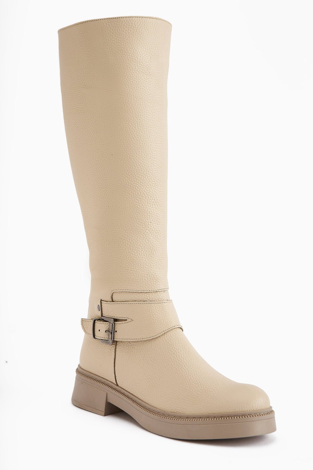 Penda – Genuine Leather Beige Buckle-Detail Zippered Knee-High Boot (Women)