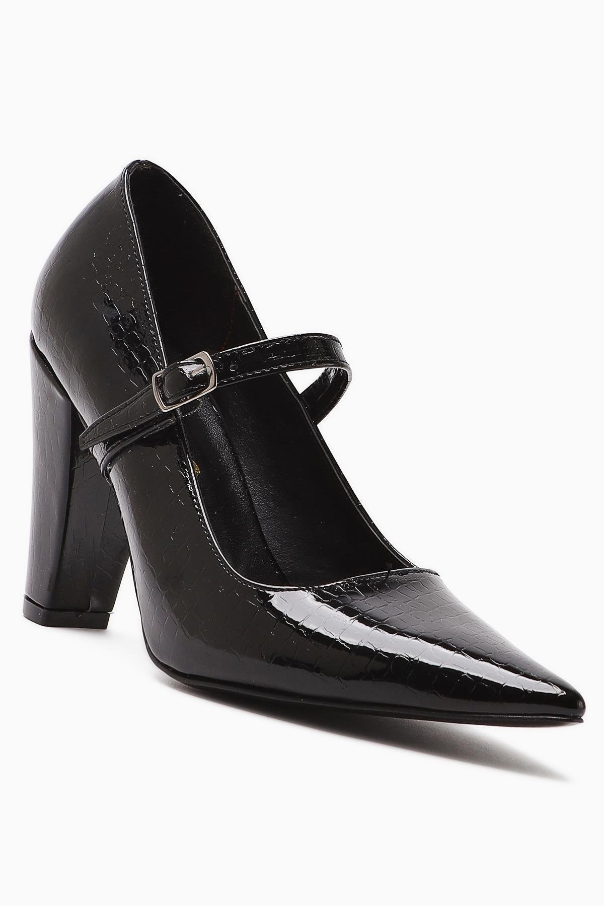 Beate Black Crocodile Leather Print Pointed Toe Heeled Shoes Women’s