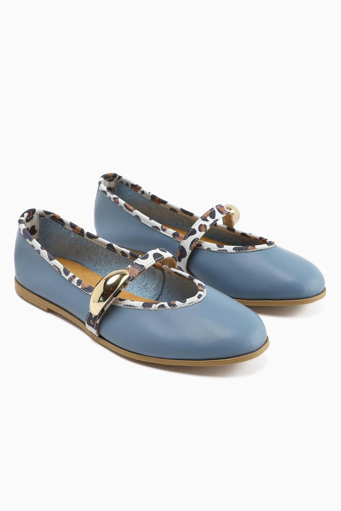 Aliana Genuine Leather Blue Women's Ballet Flat with Buckle and Leopard Detail