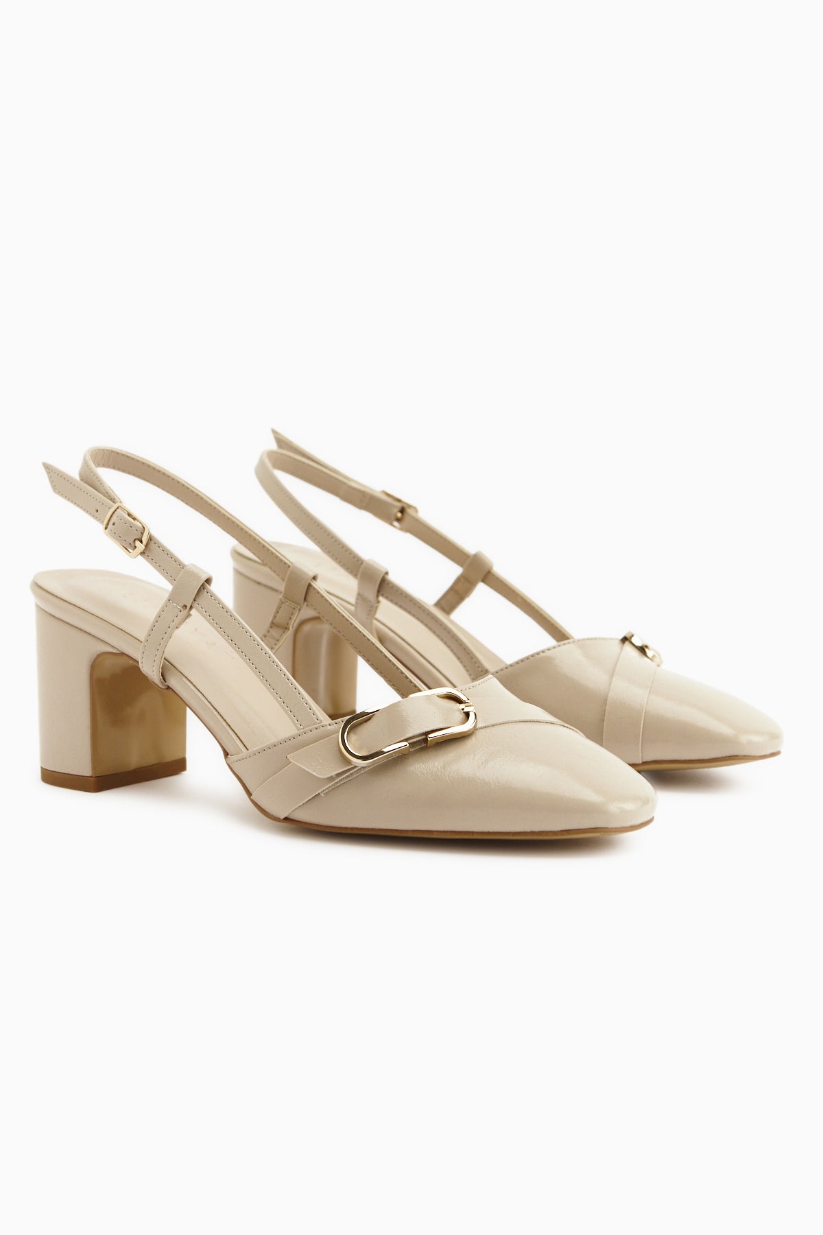 Judy Beige Metal Buckle Square Toe Women’s Heeled Shoes