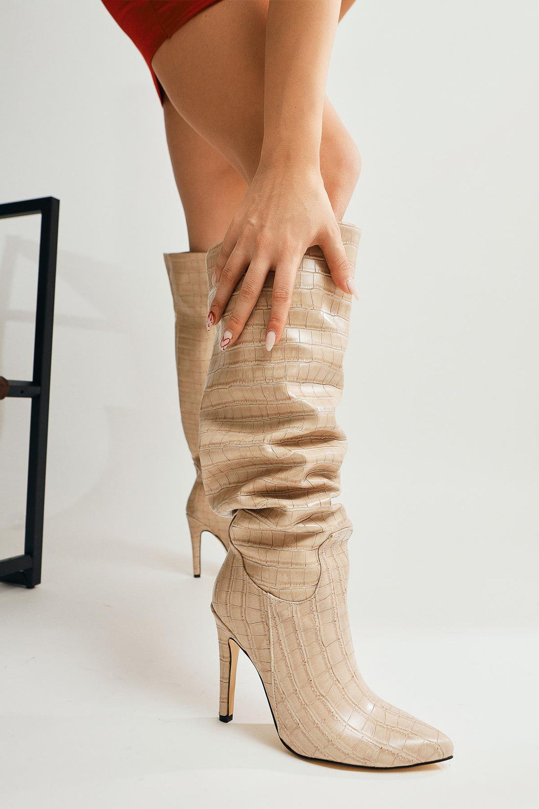 Nenya – Beige Croc-Embossed Pointed-Toe Slim Heel Over-The-Knee Boot (Women)