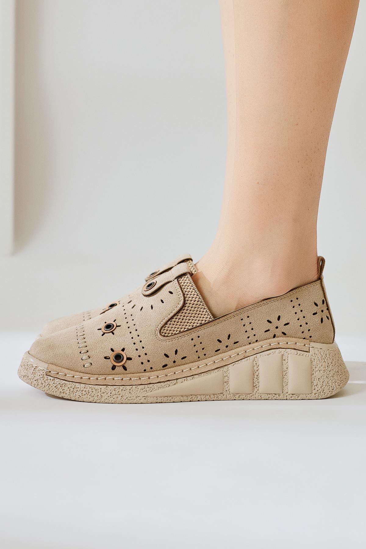 Bethina Beige Suede Studded Laser Cut Flat