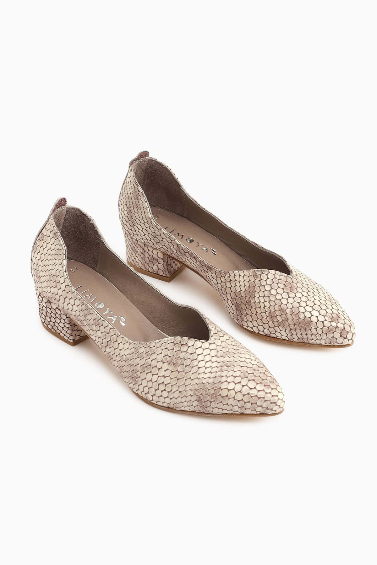 Samia Genuine Leather Beige Snake Pattern Thick Heeled Women’s Shoes