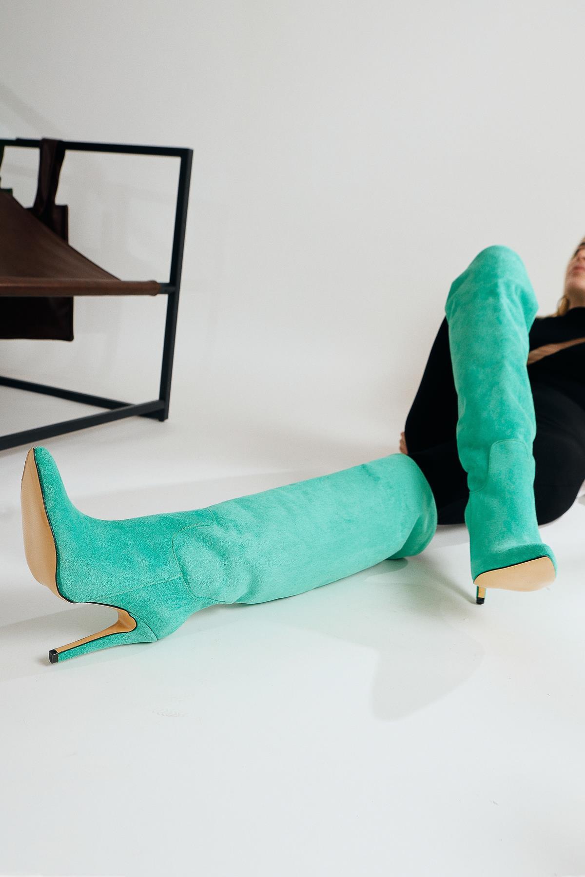 Nenya – Green Suede Pattern Pointed-Toe Slim Heel Over-The-Knee Boot (Women)