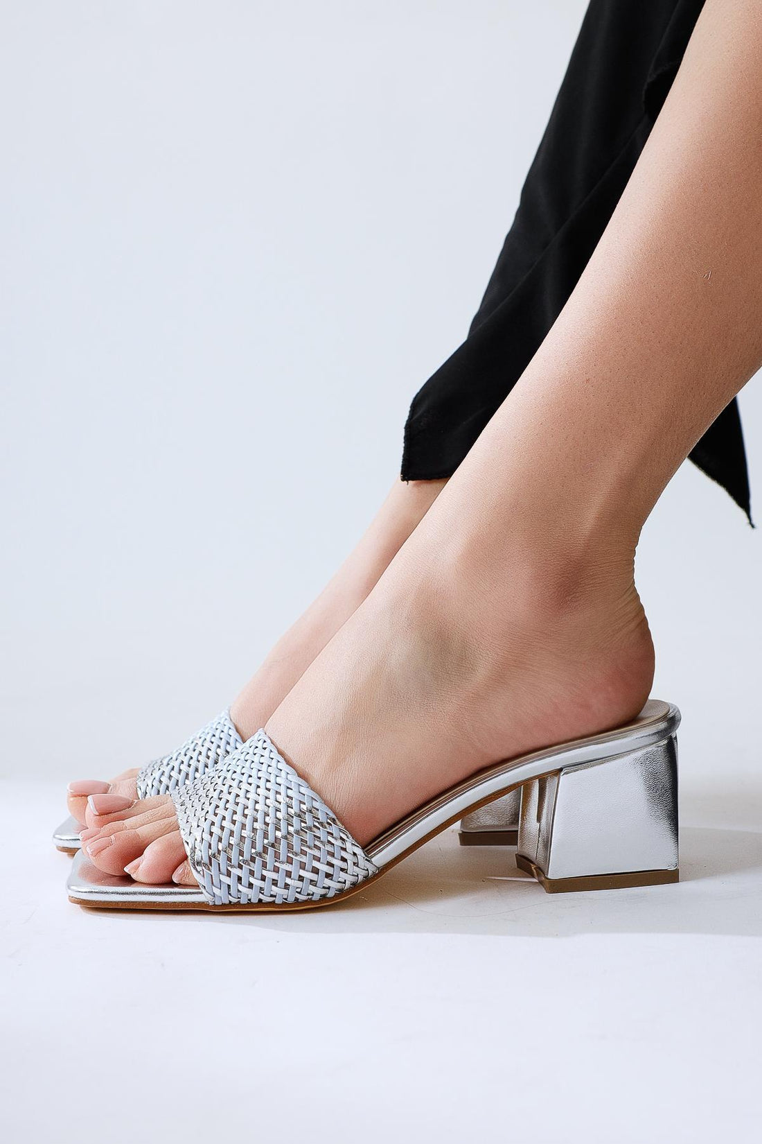 Lemonie Silver Woven Strap Slide with Low Heel