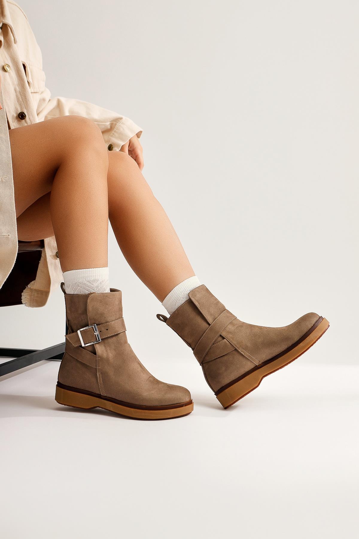 Behnoush Mink Suede Boot with Oval Toe and Buckle Detail