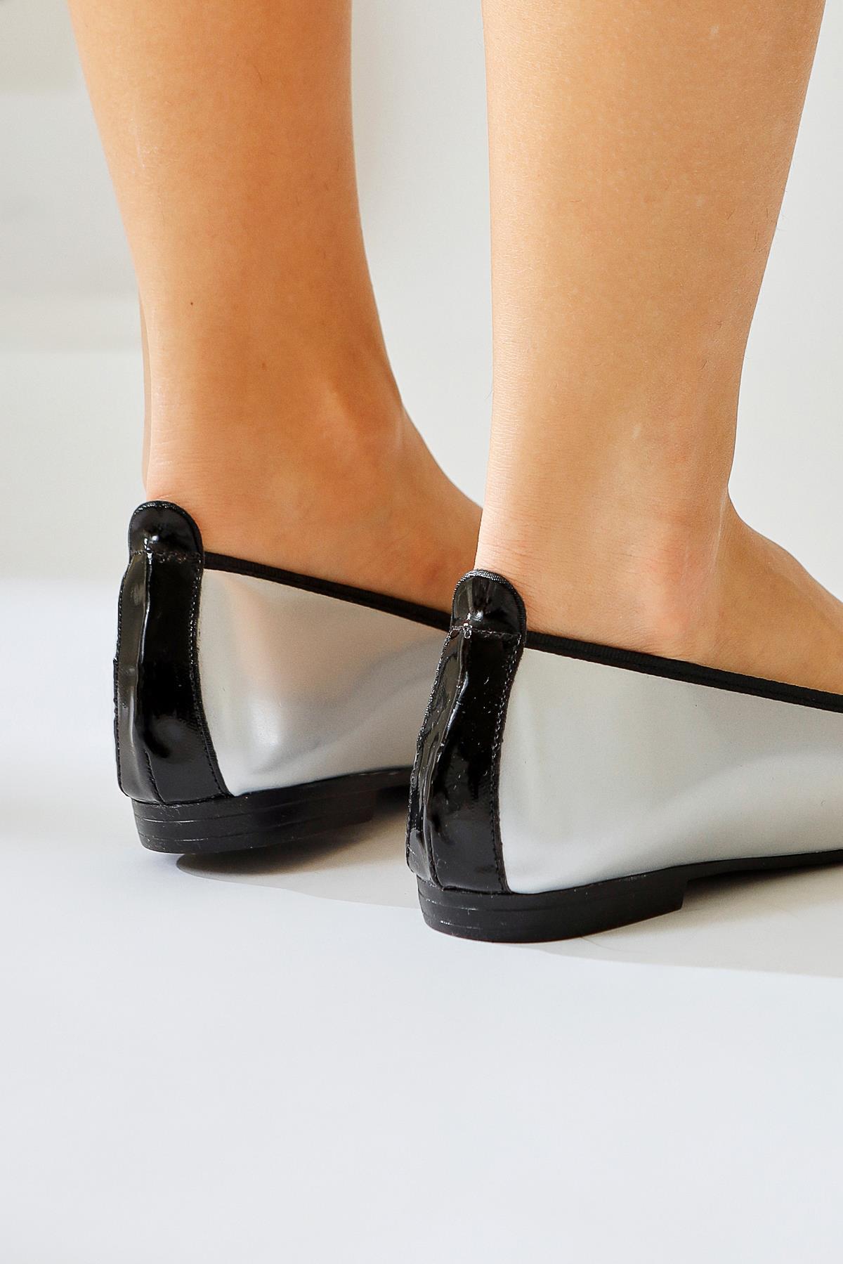 Sobhie Silver Patent Leather Black-Tipped Bow-Detailed Ballet Flats