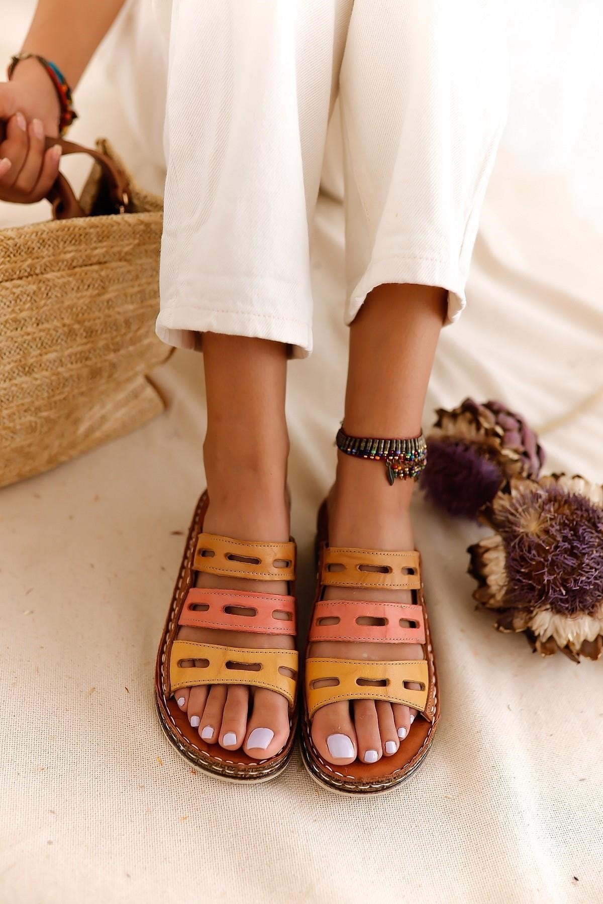 Joelle – Genuine Leather Cognac Mustard Orange Laser-Cut Slide (Women)