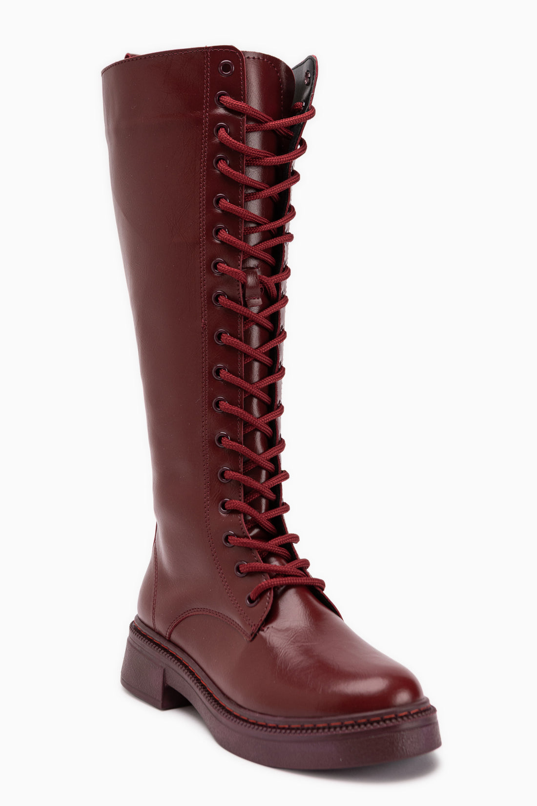Roya Burgundy Leather Lace-Up Long Boots Women’s