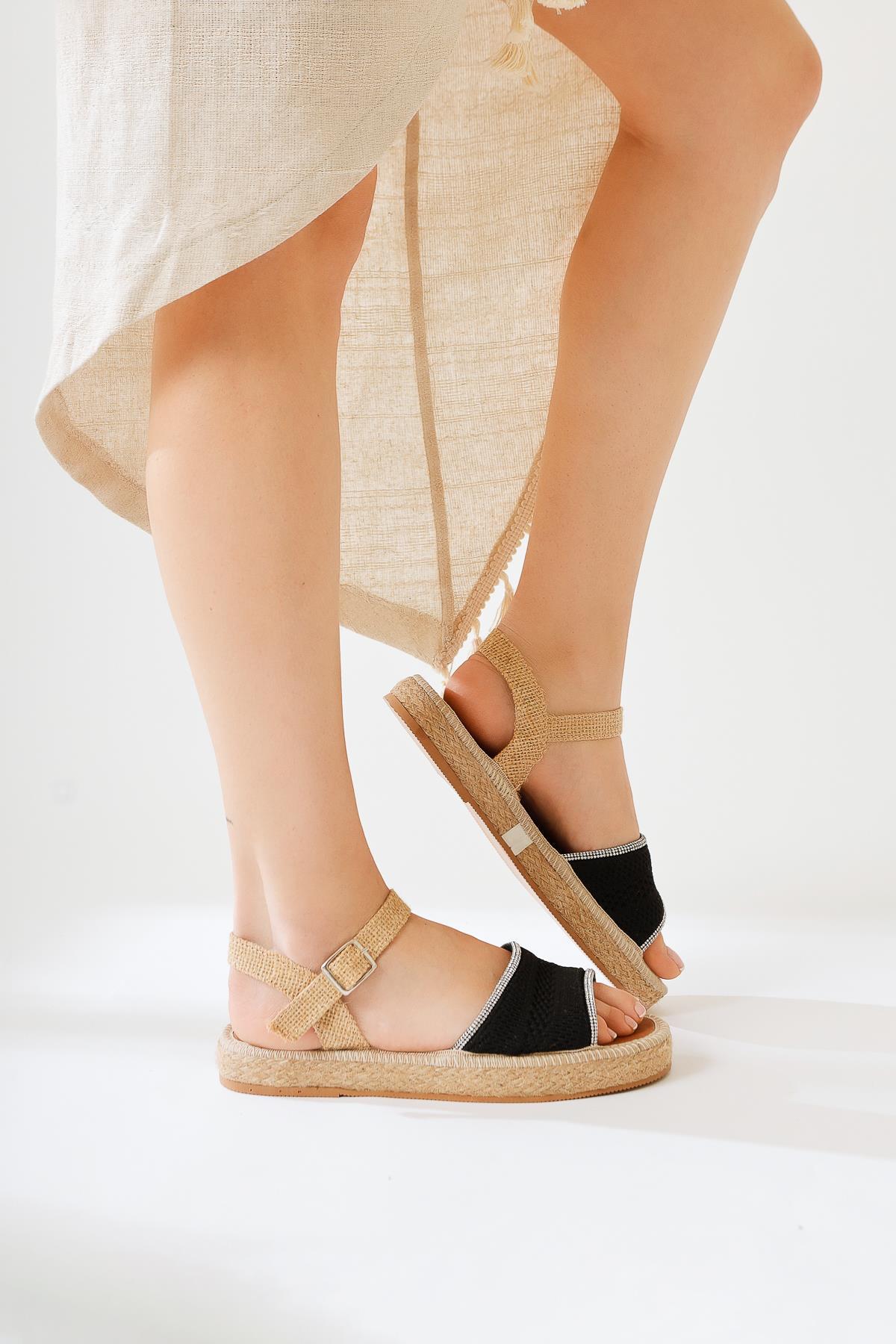 Svetlana Black Stone-Embellished Knitted Strap Sandal