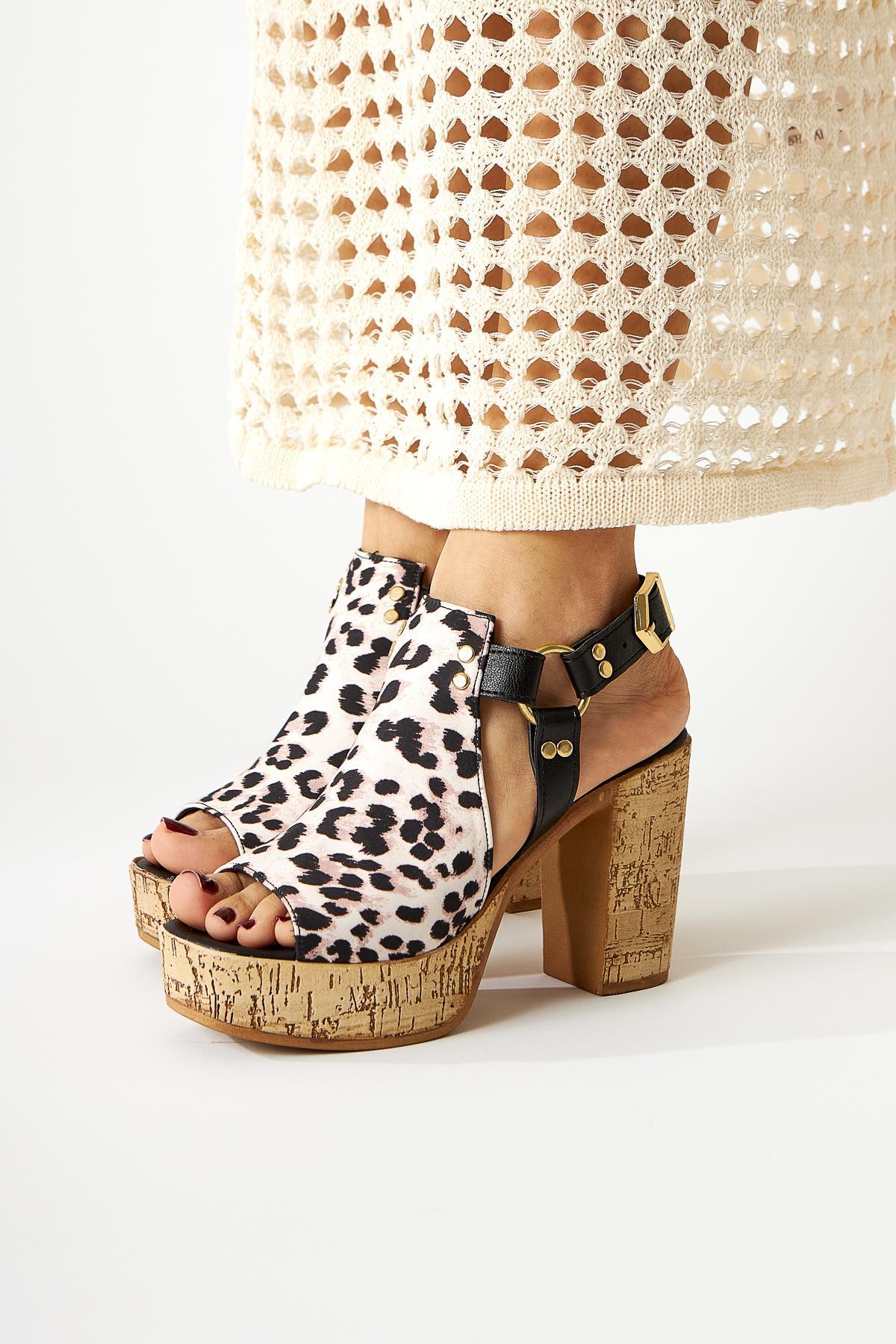 Hadel Black Leopard Belted Platform Heeled Sandals