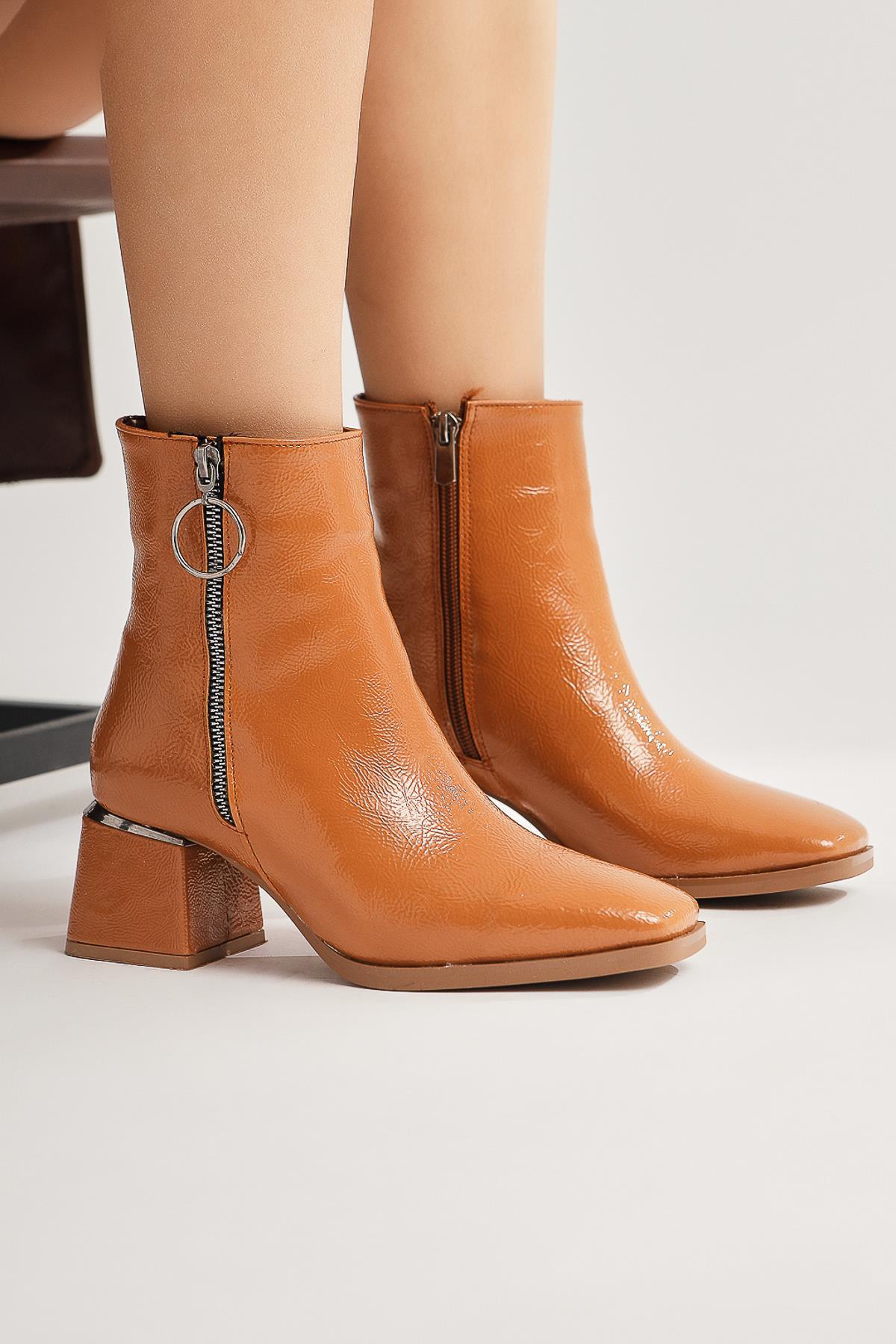 Deyana Taba Crinkled Patent Leather Zipper Accessorized Boot