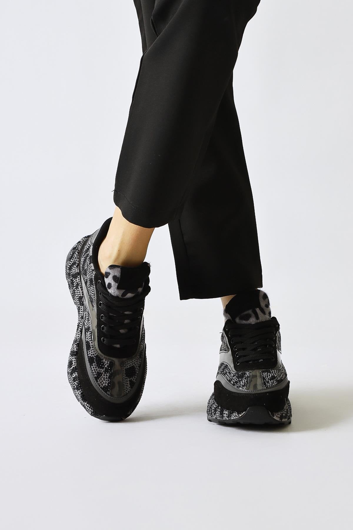 Kada Gray Leopard Print Sneakers with Gem Detail