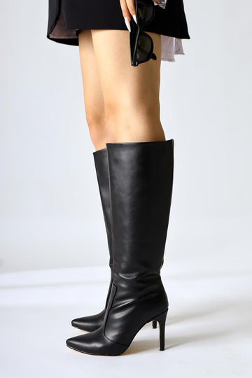 Lucine – Black Pointed-Toe Slim-Heel Pull-On Knee-High Boot (Women)