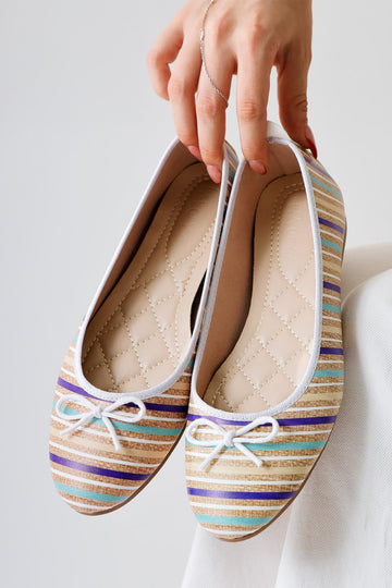 Melin – White Striped Printed Bow-Detail Ballet Flat (Women)