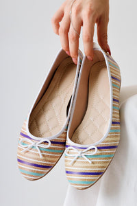 Melin – White Striped Printed Bow-Detail Ballet Flat (Women)