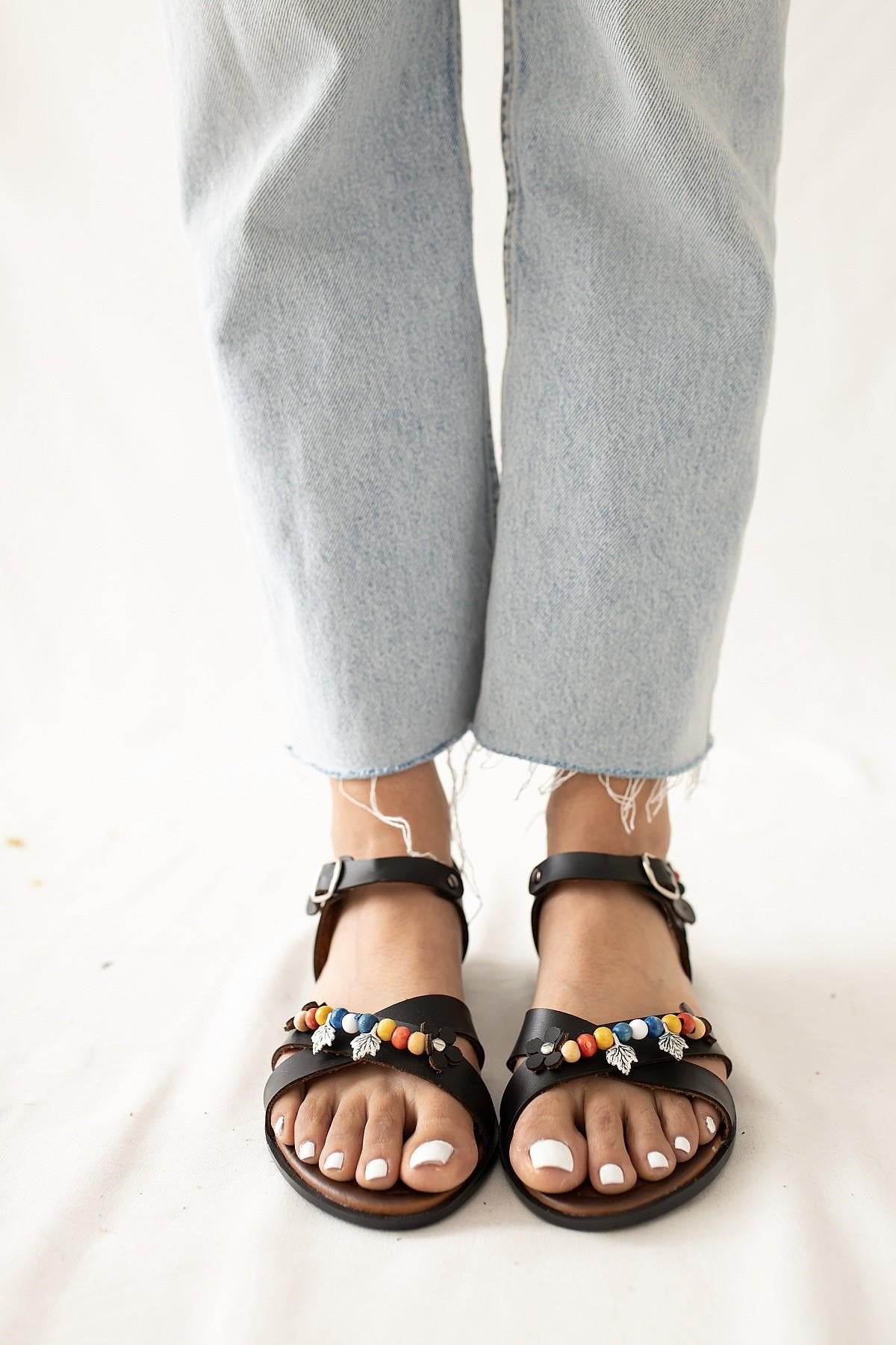 Alize Genuine Leather Black Sandals with Bead and Leaf Details