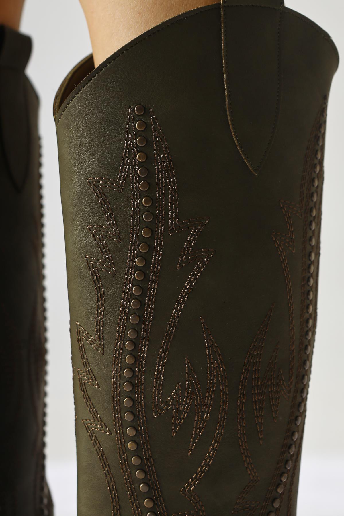 Fizaro Khaki Pointed Toe Embroidered Studded Western Boot
