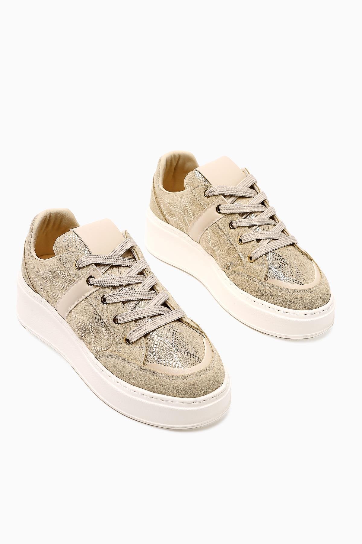 Julissa – Beige Suede Vegan Material Shiny-Patterned Thick Sole Sneaker (Women)