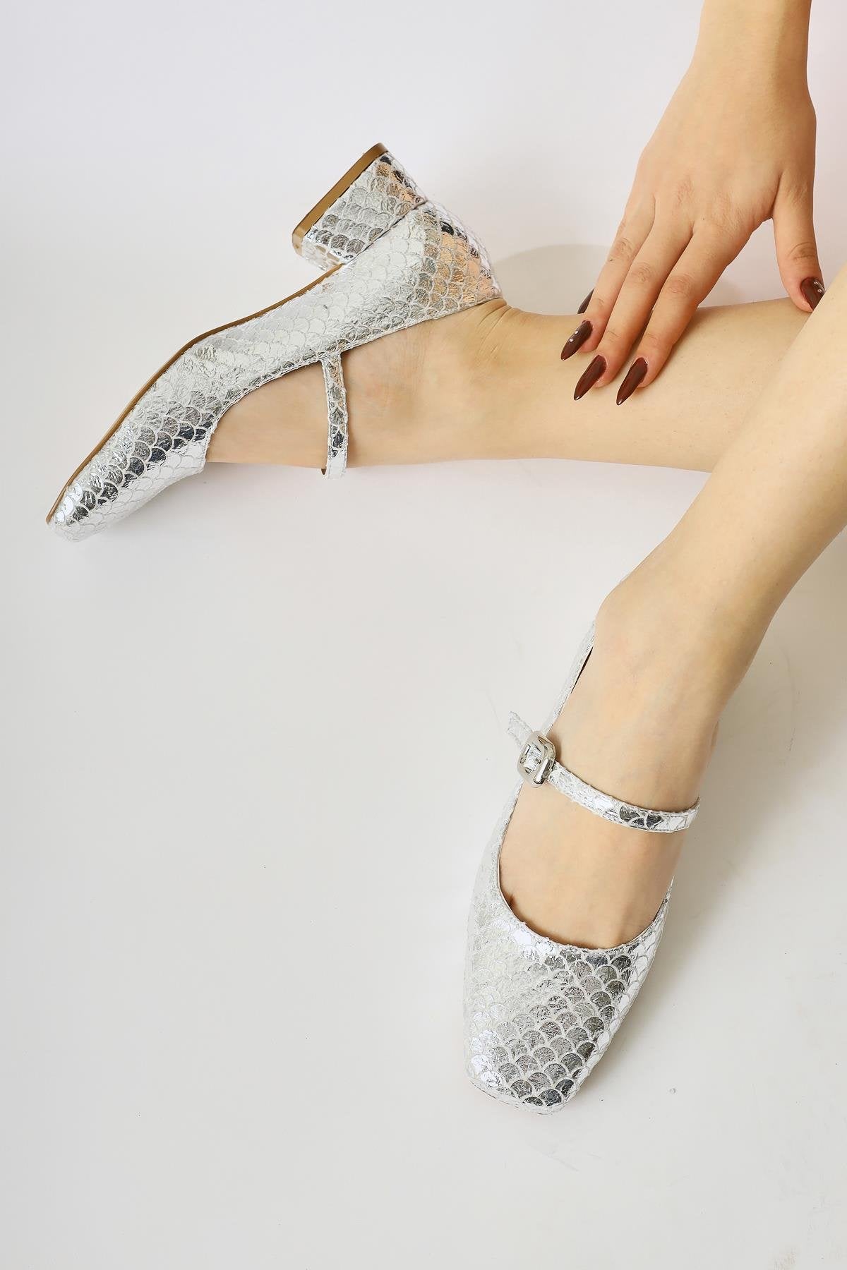 Abby Silver Fish Scale Textured Square Toe Buckle Detail Everyday Shoe
