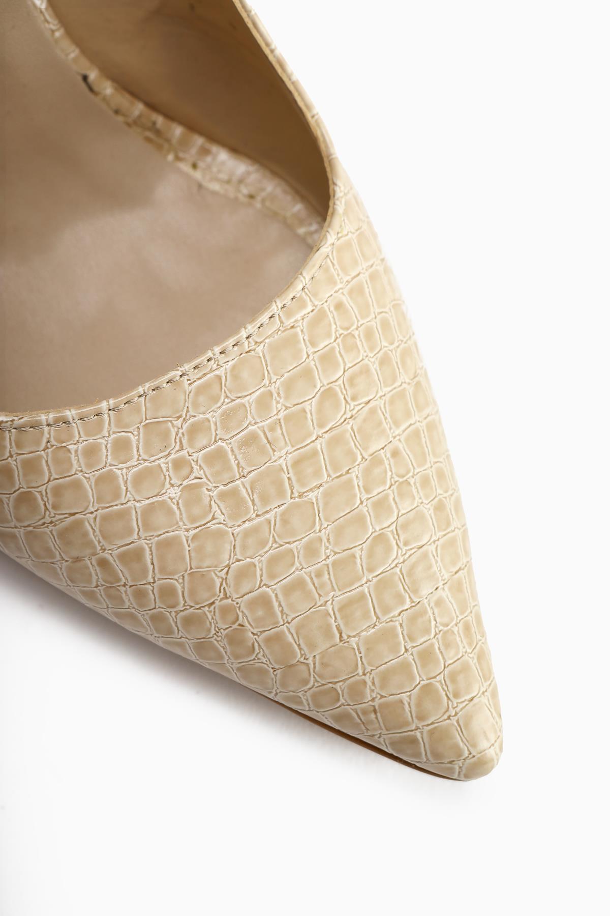 Beate Beige Crocodile Leather Print Pointed Toe Heeled Women’s Shoes