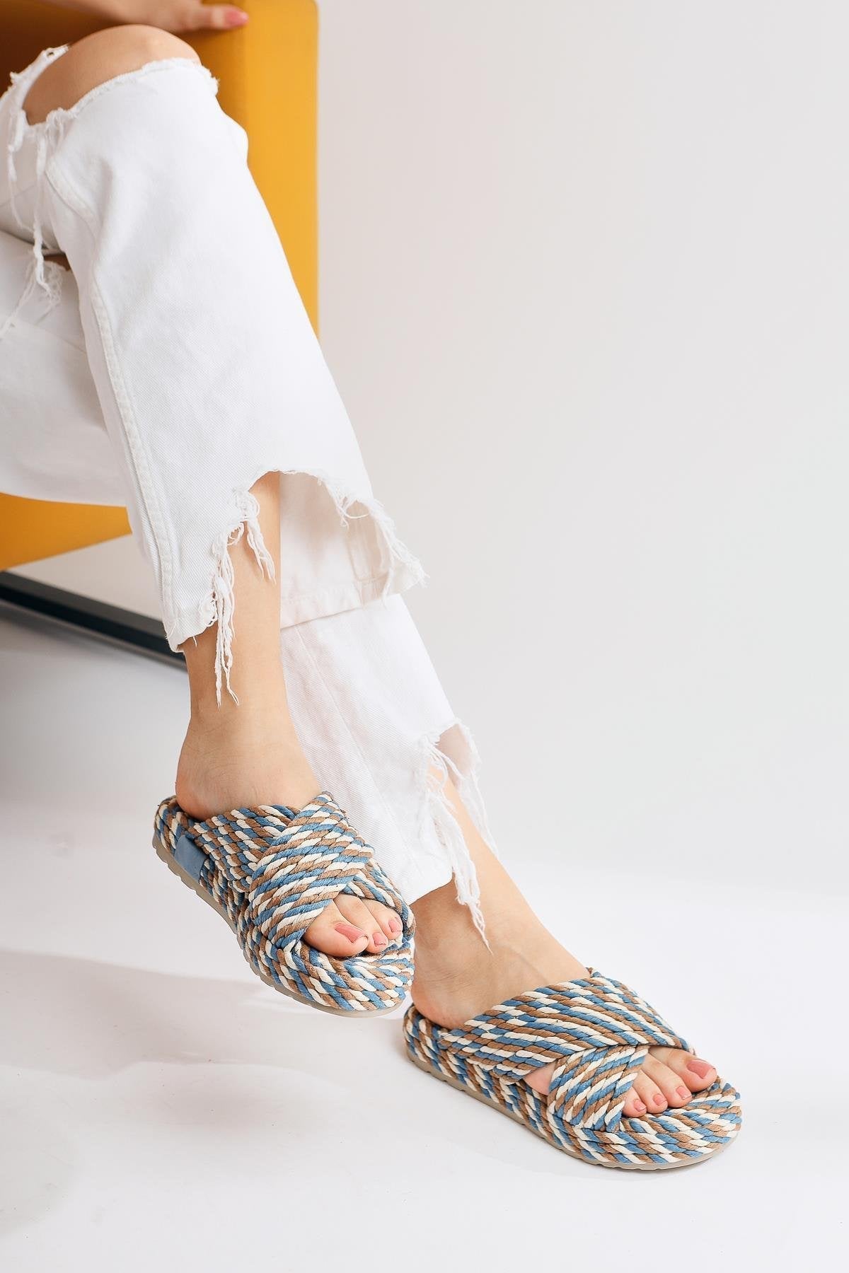 Leiya Blue Cross-Strap Rope Slipper