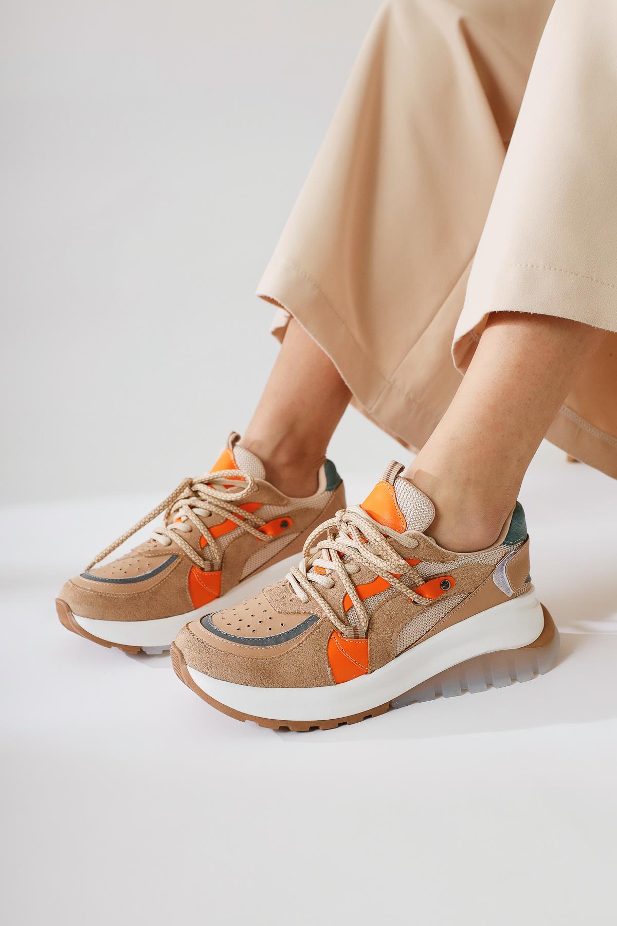 Takako Beige Suede-Leather Lace-Up Sport Shoes