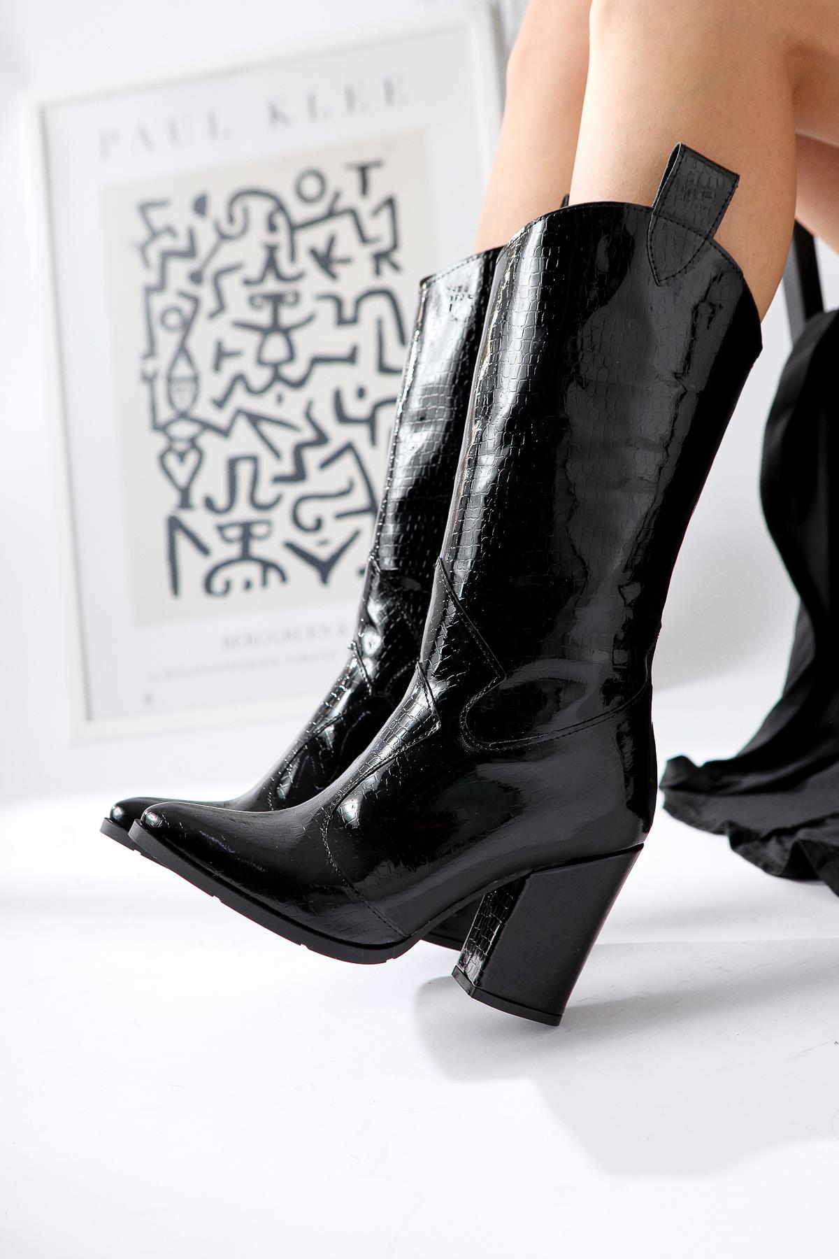 Keri – Black Croc-Embossed Asymmetric-Cut Heeled Knee-High Boot (Women)