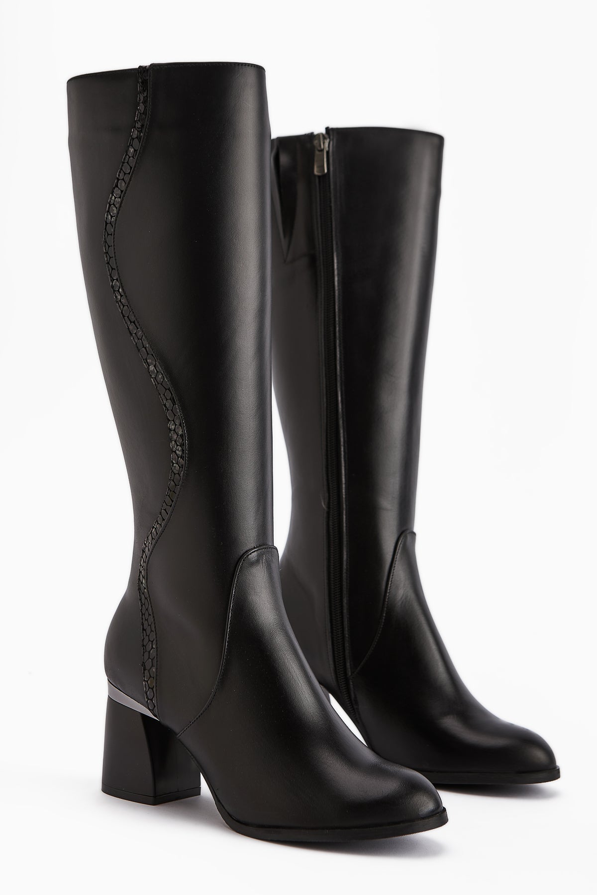 Kaylin – Genuine Leather Black Snake-Pattern Detail Heeled Knee-High Boot (Women)