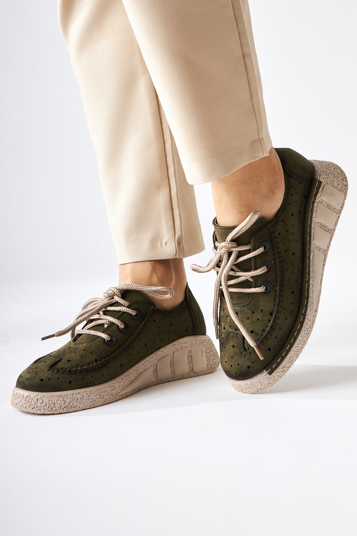 Juli – Olive Suede Vegan Material Lace-Up Casual Shoe (Women)