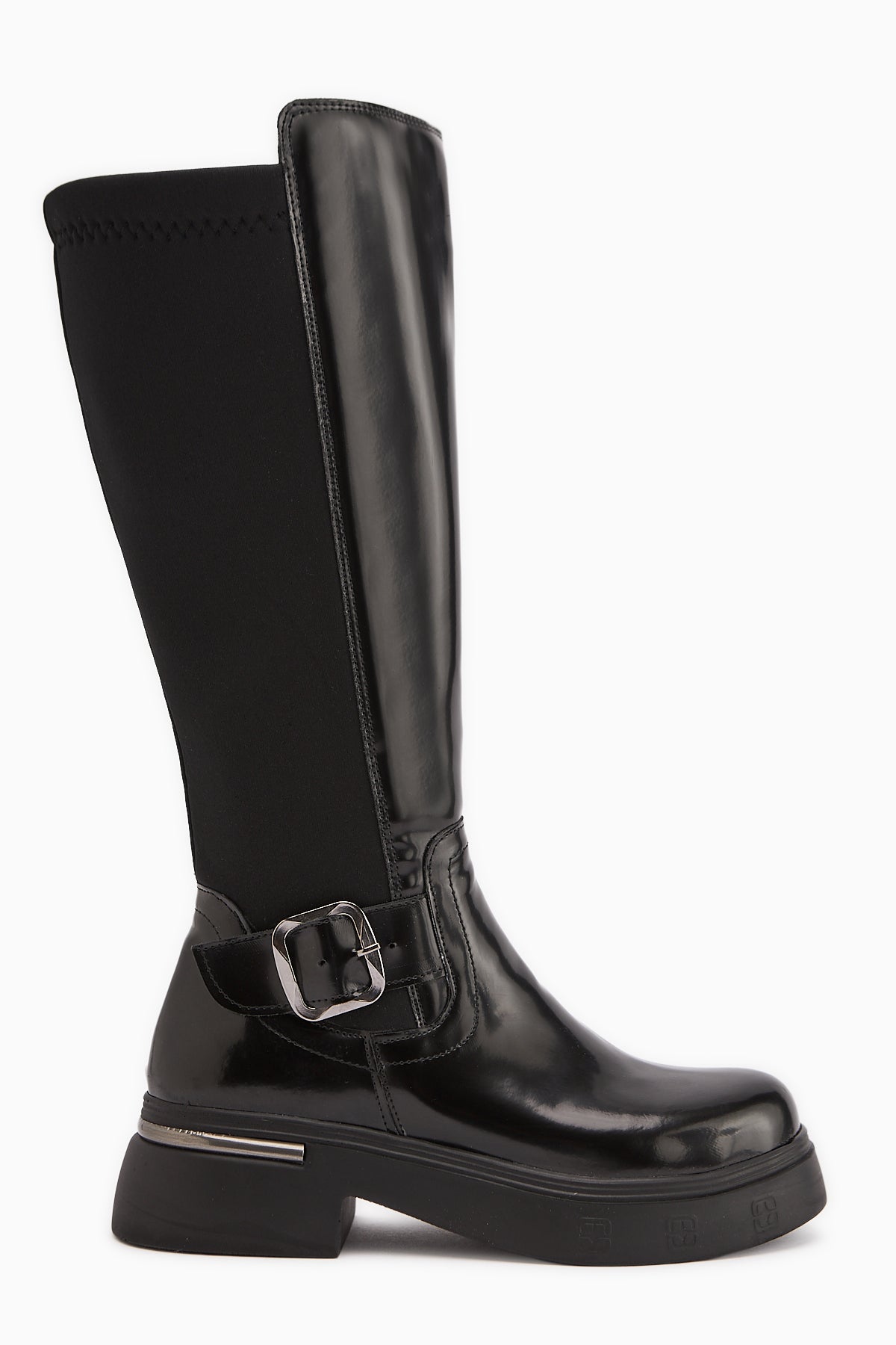 Faria Black Patent Leather Diver Fabric Detailed Buckled Thick Sole Boots