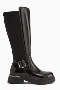 Faria Black Patent Leather Diver Fabric Detailed Buckled Thick Sole Boots