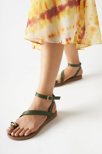 Anisa Olive Cross-Strap Buckled Women's Thong Sandals