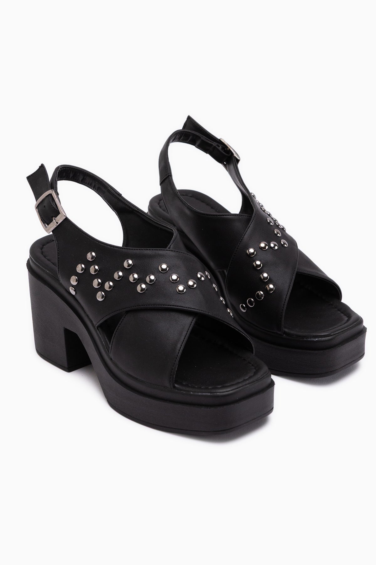 Dorela Black Studded Cross Strap Thick Band Women’s Sandal