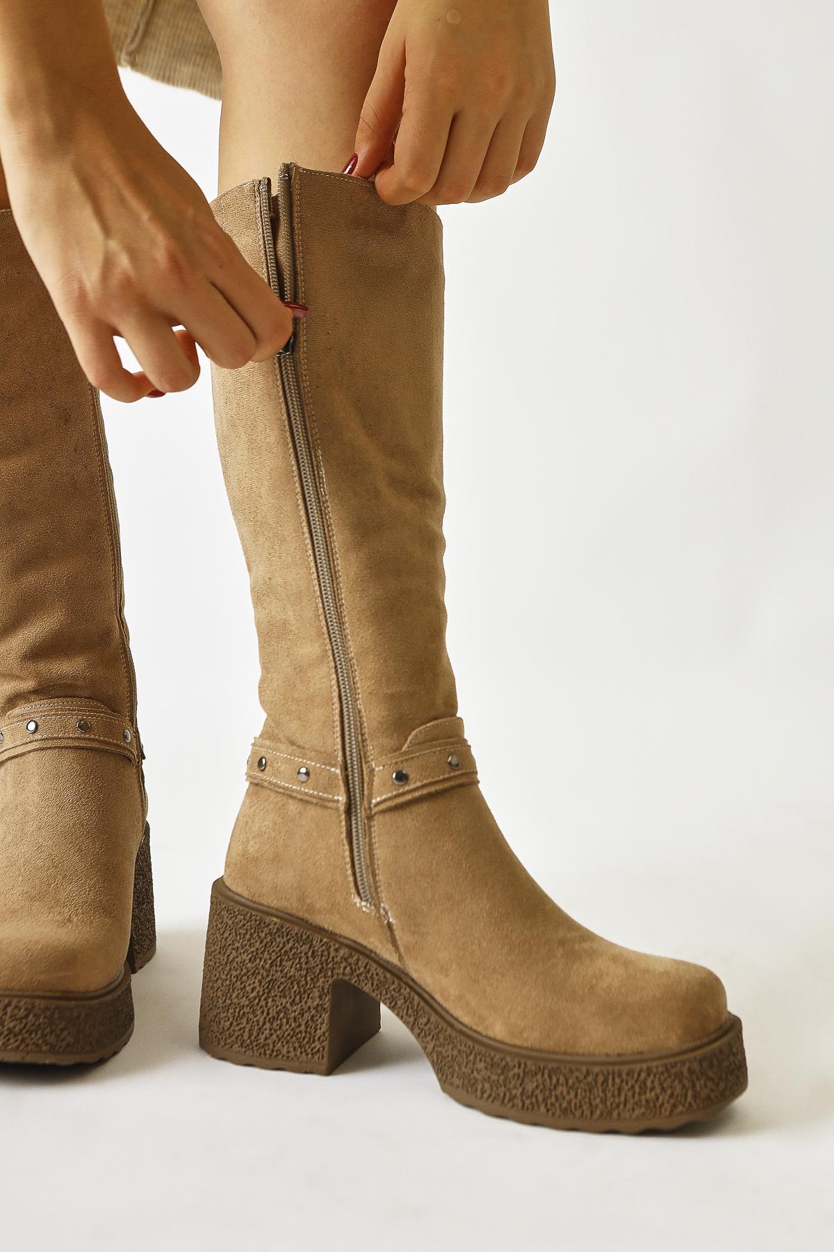 Kenzie – Taupe Suede Ankle-Detail Knee-High Boot