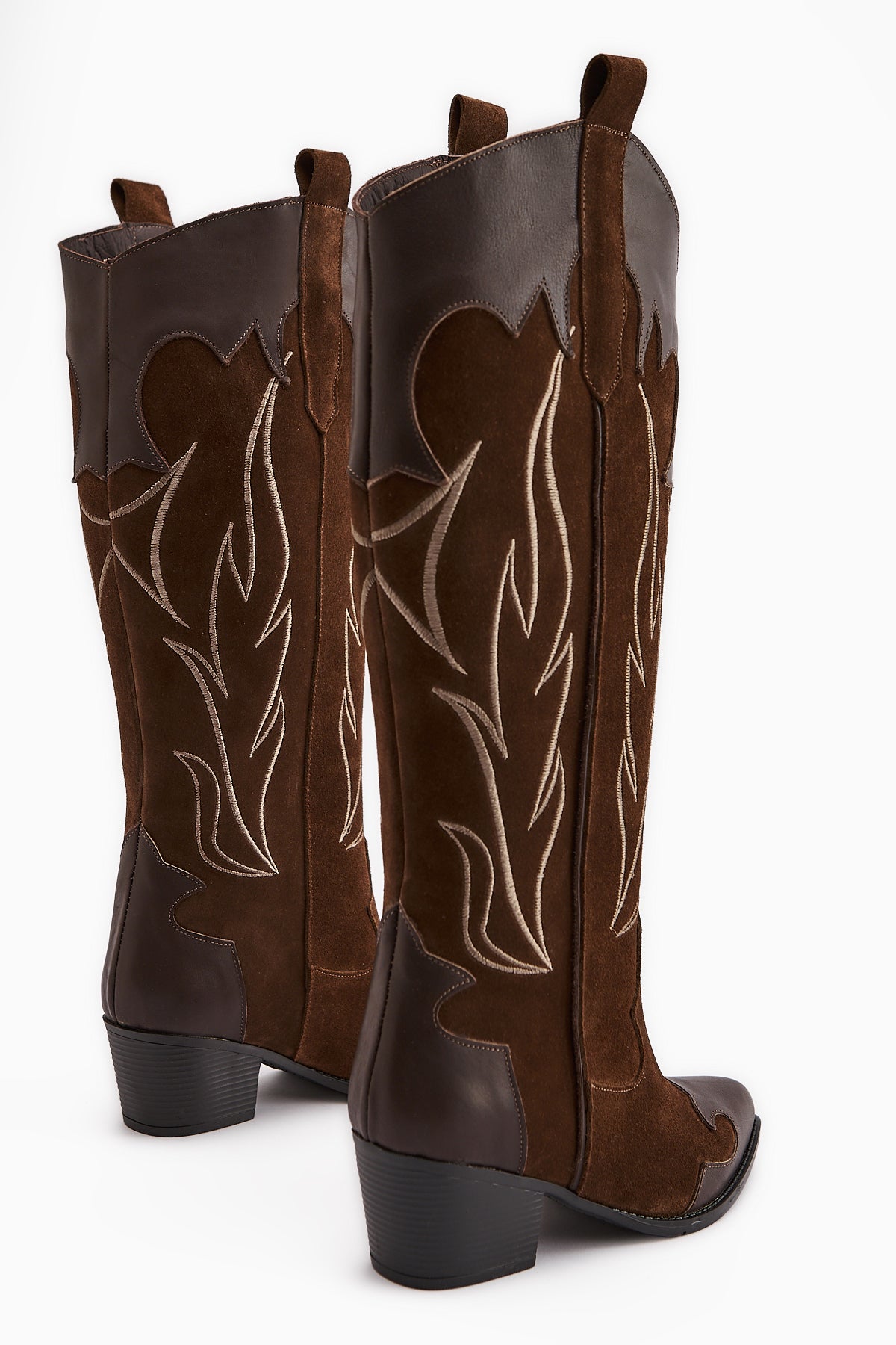 Lara – Genuine Leather Brown Suede-Embroidered Leather-Detail Heeled Western Knee-High Boot (Women)