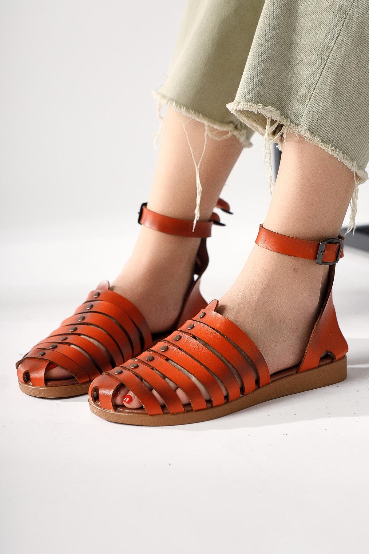 Helen Genuine Leather Orange Toe-Covering Bodrum Sandals
