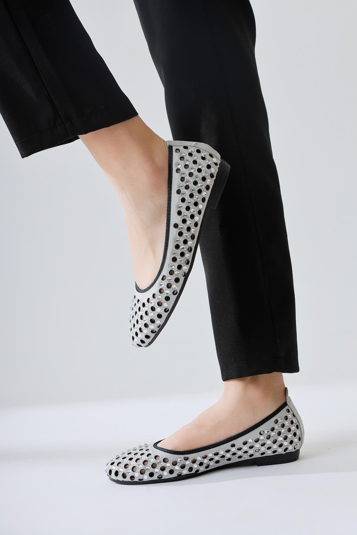 Milinda – Gray Suede Laser-Cut Stone-Embellished Ballet Flat (Women)