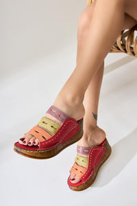 Etta Genuine Leather Slides in Red, Orange, Green, and Purple with Laser Cut Detail (Full Orthopedic)