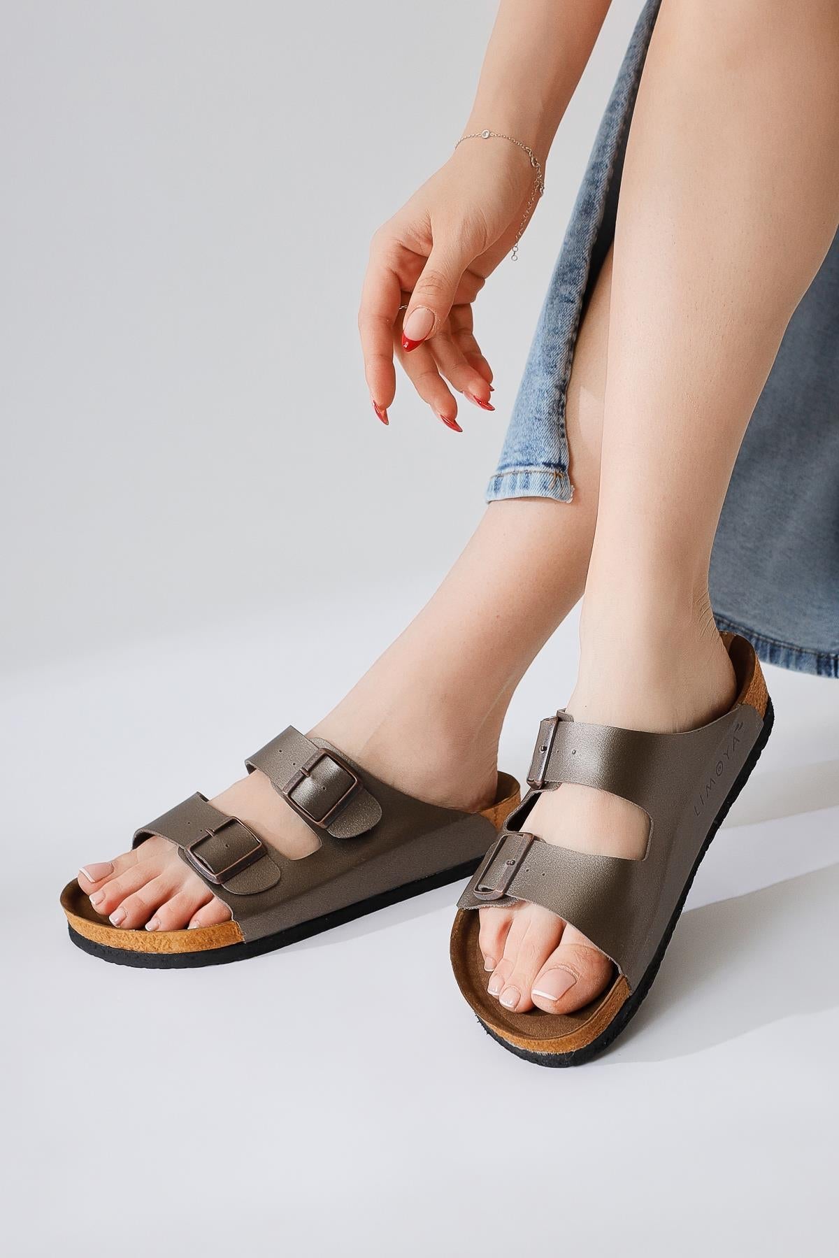 Beti Genuine Leather Platinum Double Strap Slipper