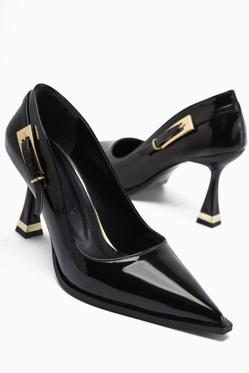 Mithra – Black Patent Vegan Material Pointed-Toe Buckle-Detail Heeled Shoe (Women)