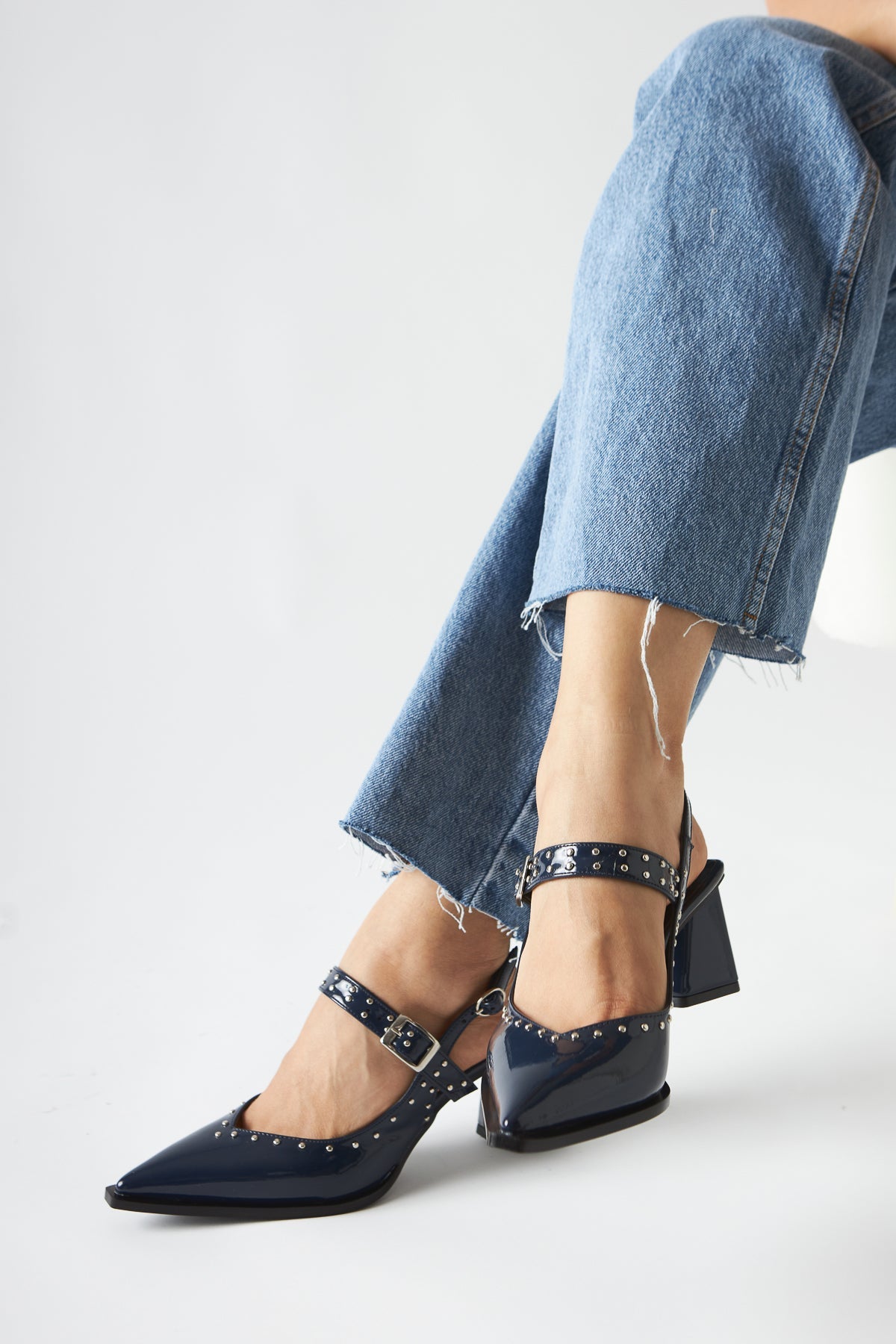 Nuria Navy Patent Leather Pointed Toe Strap Sandals for Women