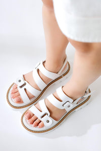 Aima White Studded Buckle Detailed Stitched Sandals